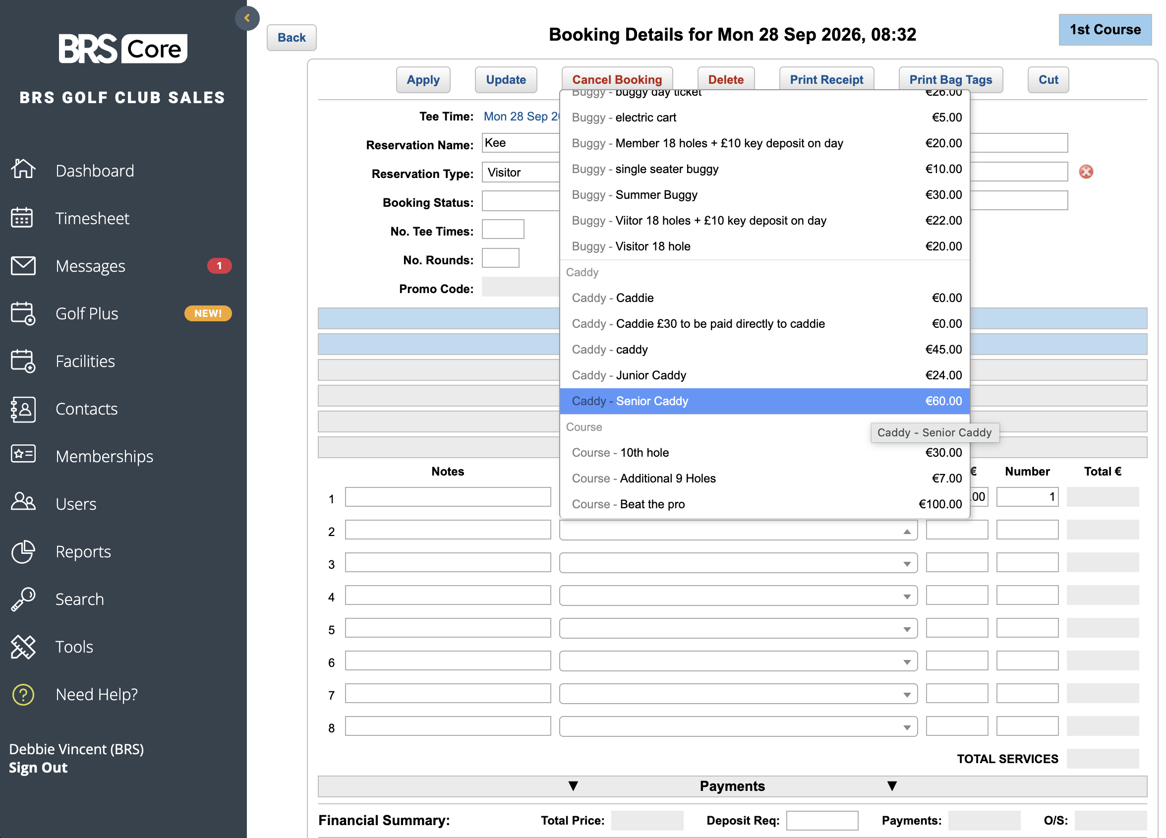The list of caddie services available on a BRS booking