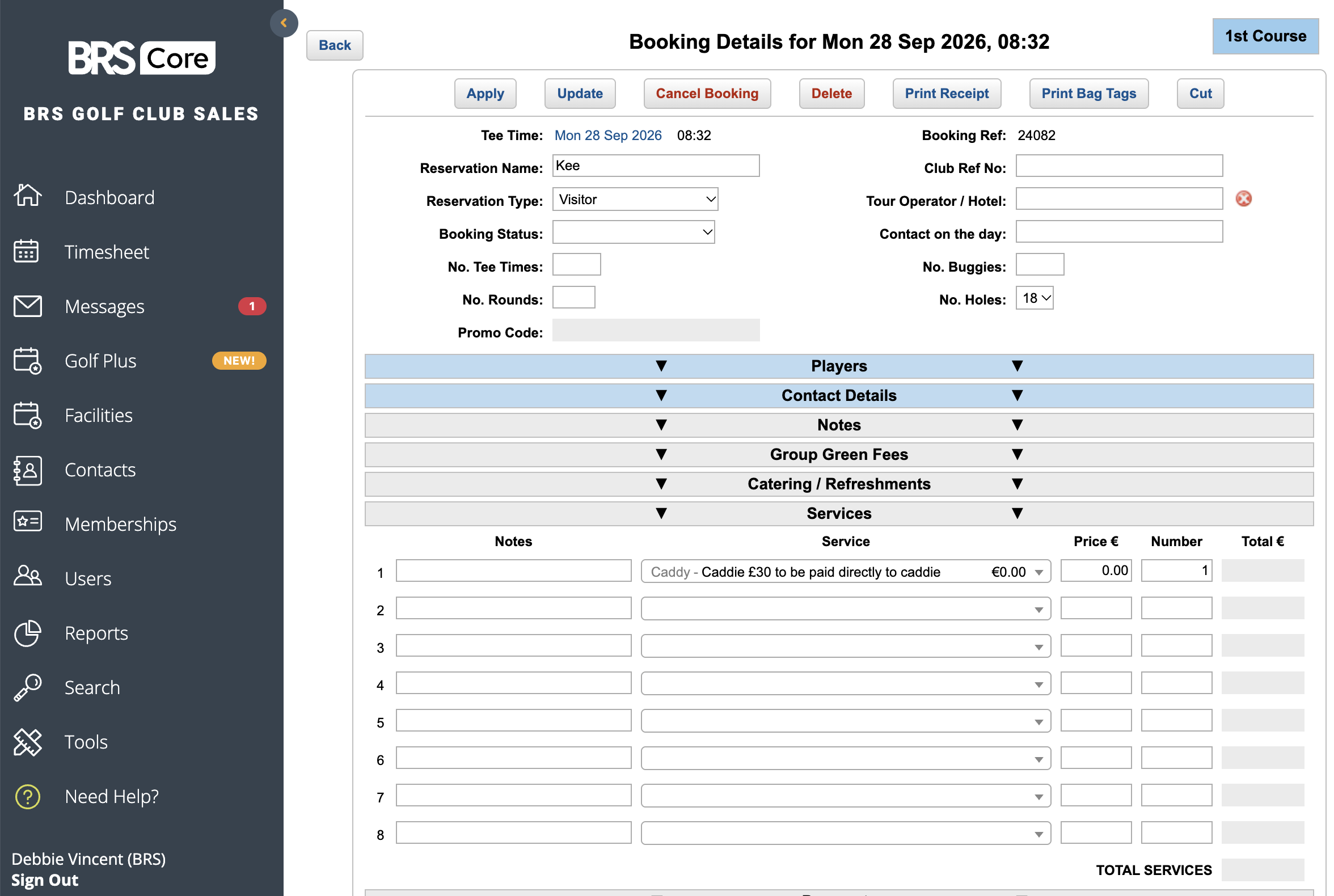 A BRS booking with reservation name, type and tour operator/hotel fields