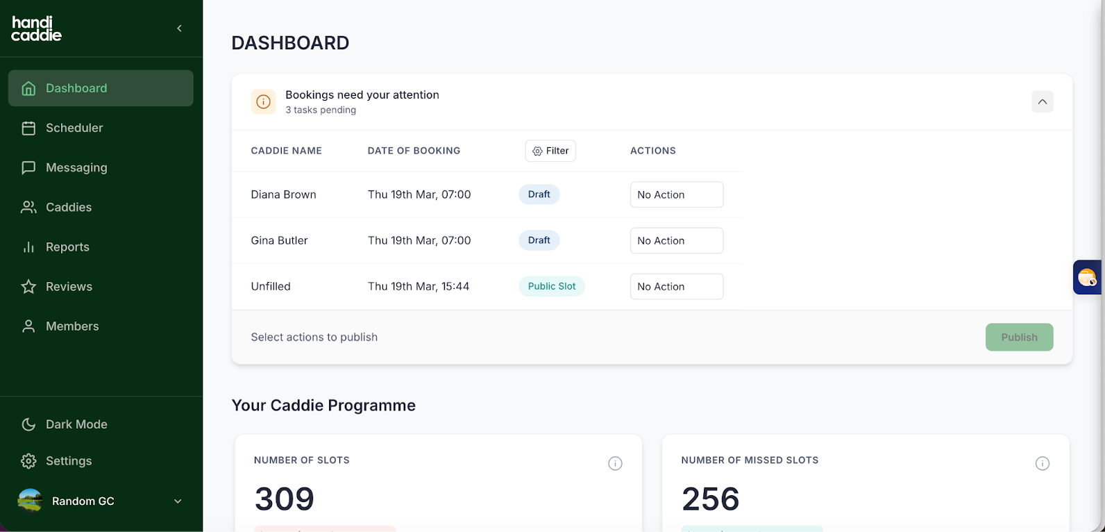 Handicaddie dashboard with pending tasks