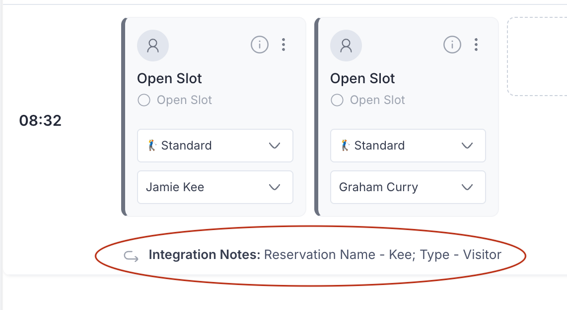 Handicaddie Booking showing Integration Notes