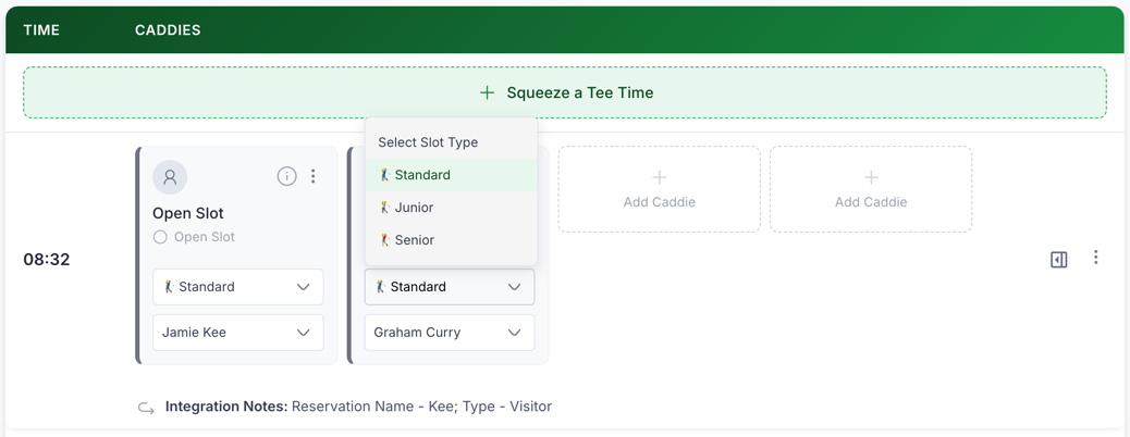 Handicaddie Booking showing Different Caddie Types